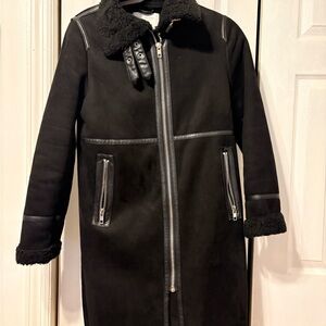 Black Shearling Long Coat with Zip Detail